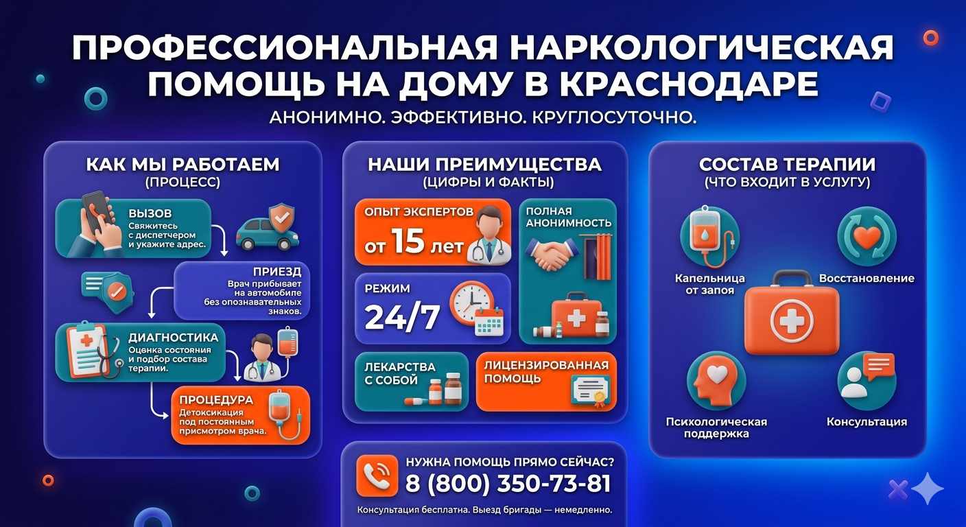 Инфографика о принципах лечения алкоголизма на дому в Камешково: этапы вызова нарколога, преимущества анонимной детоксикации и состав медицинской помощи.
